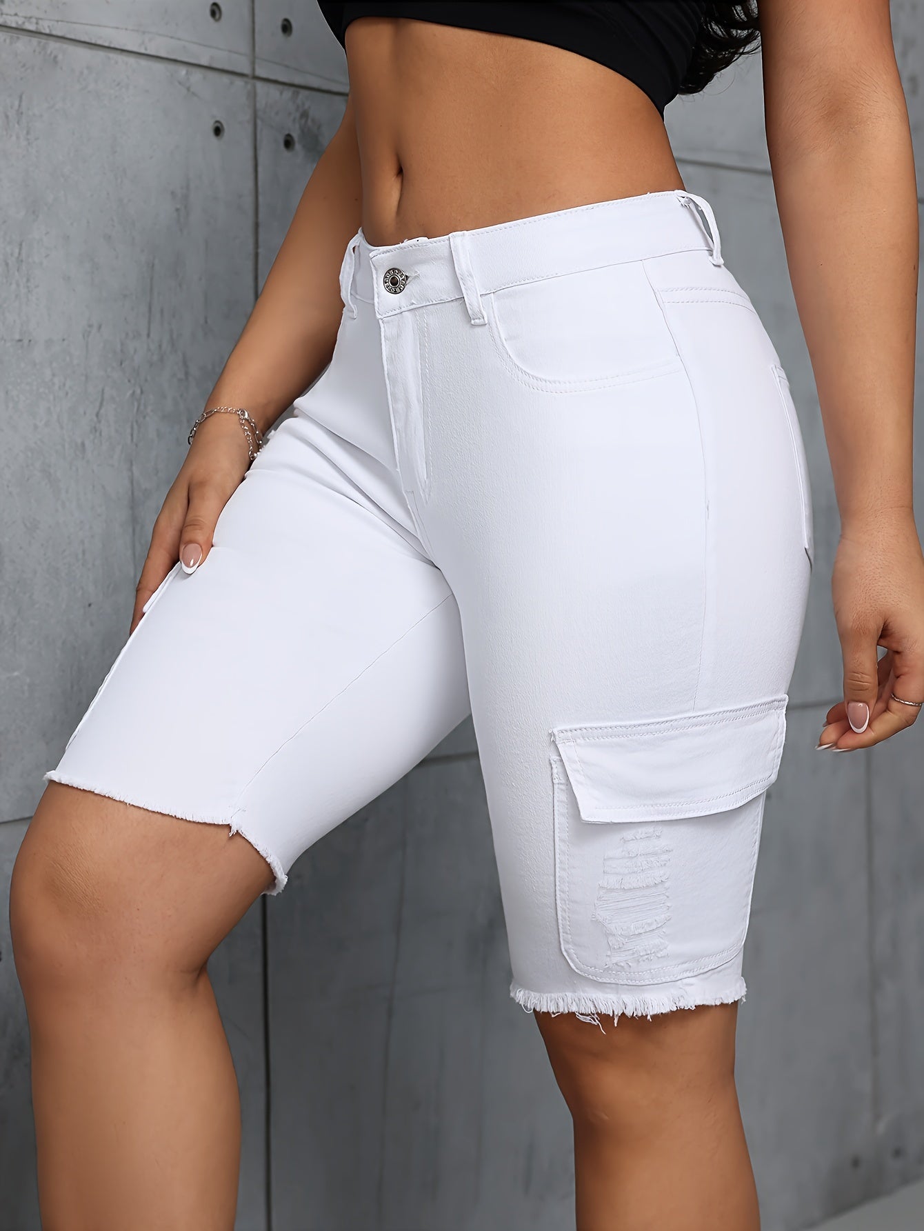 Plain White Ripped Raw Hem Stretchy Side Flap Pocket Cargo Bermuda Denim Shorts, Women's Denim Jeans & Clothing MyFave Boutique