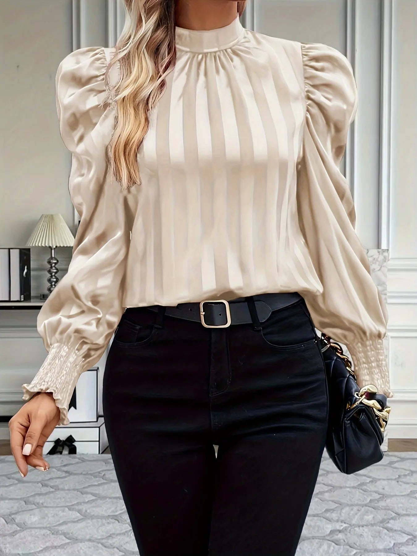 Mock Neck Puff Sleeve Blouse, Elegant Shirred Trim Blouse For Spring & Fall, Women's Clothing MyFave Boutique