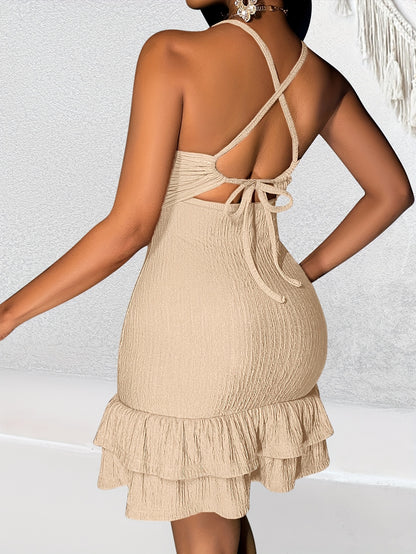 Twist Cut Out Ruffle Hem Cami Dress, Sexy Backless Sleeveless Bodycon Cami Dress For Spring & Summer, Women's Clothing MyFave Boutique