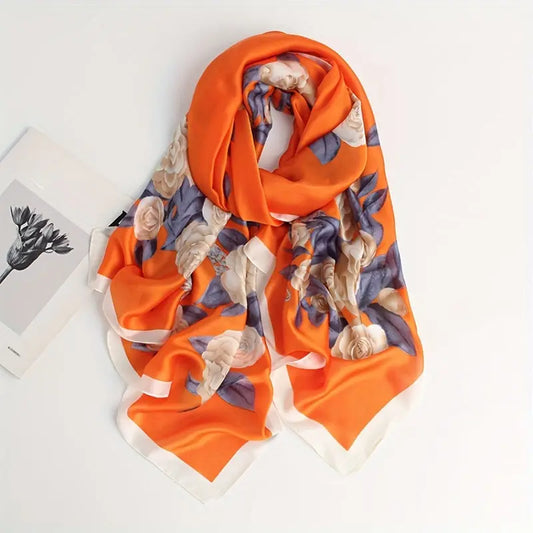 Luxurious Satin Scarf For Women, Large Size Floral Print Lightweight Silk-like Warm Shawl, Elegant Windproof Wrap For Sun Protection, Beach, Decorative Accessory MyFave Boutique