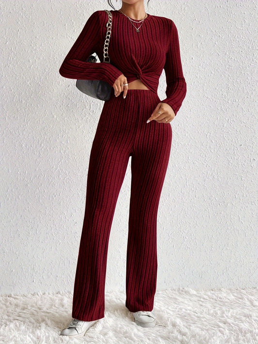 Elegant French Twist-Knot Women's Outfit - Ribbed Long Sleeve Top & Pants Set, Machine Washable, Polyester - Perfect for Fall/Winter MyFave Boutique