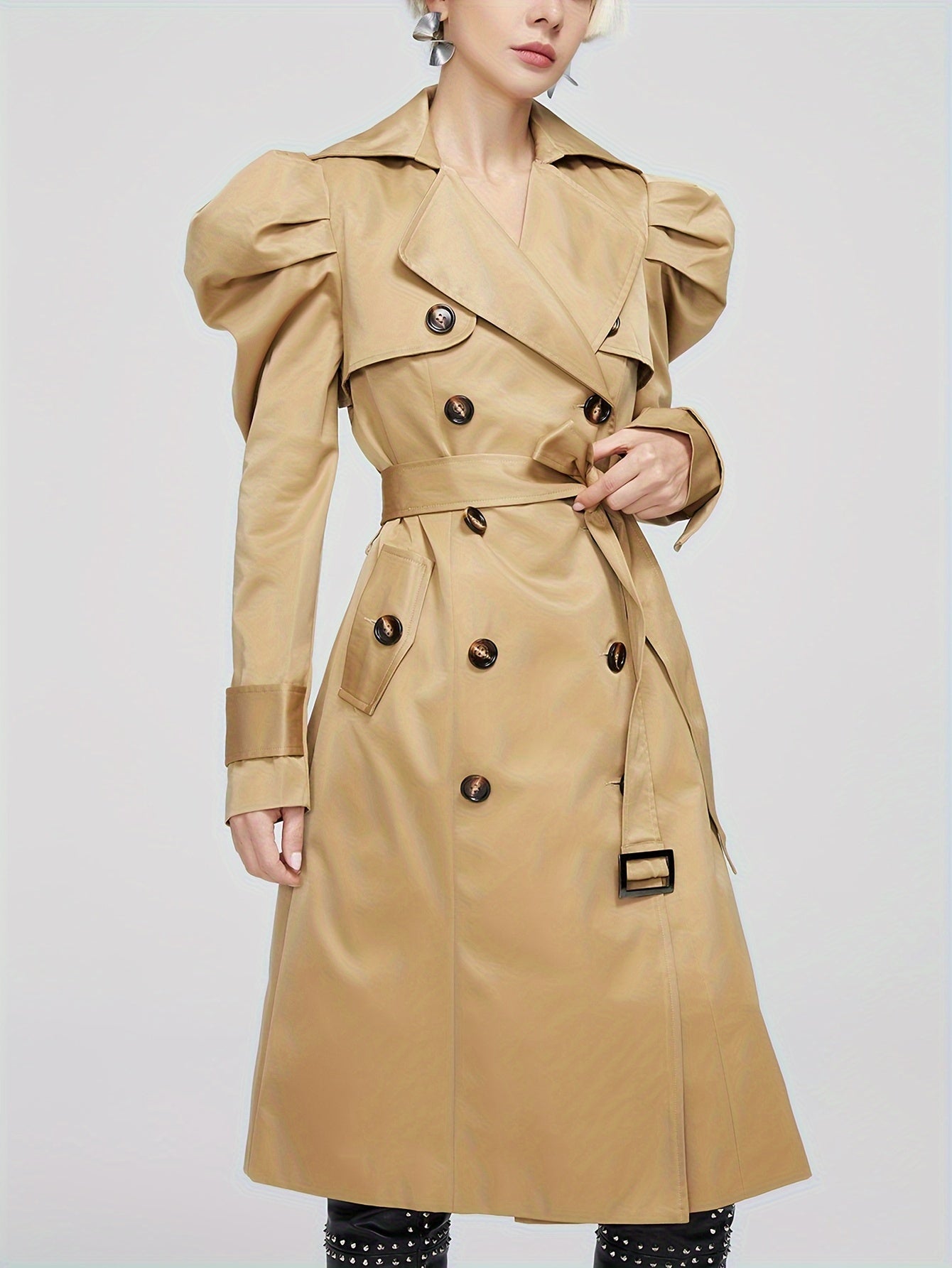 ZIAI Solid Double Breasted Trench Coat, Elegant Lapel Neck Long Sleeve Coat, Women's Clothing MyFave Boutique