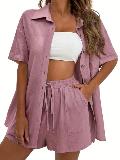 Casual Solid Slim Summer Two-piece Set, Button Front Lapel Neck Top & Slant Pockets Drawstring Waist Shorts Outfits, Women's Clothing MyFave Boutique