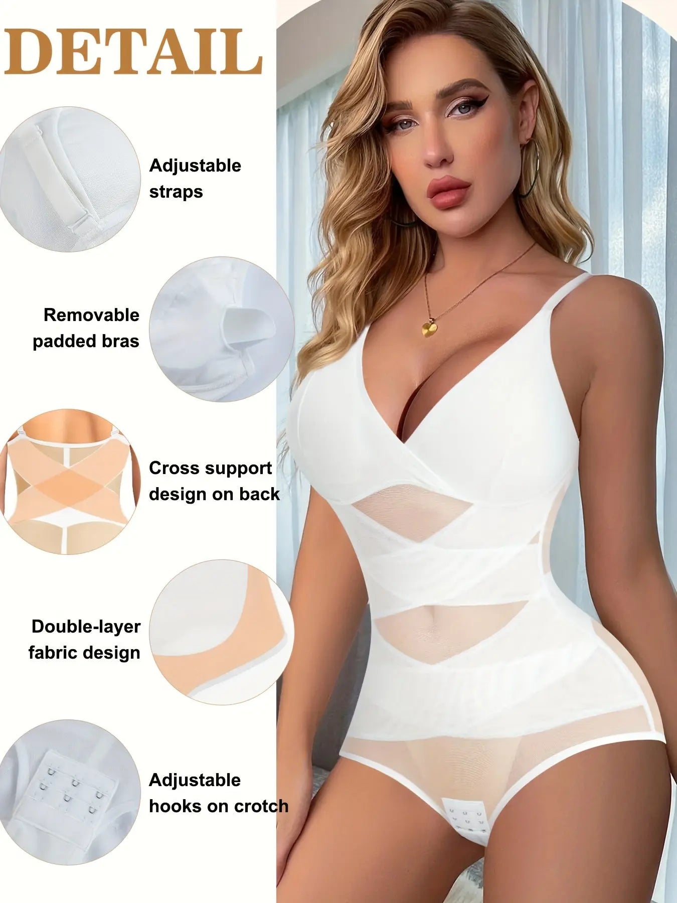 Women's Shapewear Bodysuit: V-Neck, Adjustable Straps, Tummy Control, Waist Trainer, Seamless, Crotch Hooks MyFave Boutique