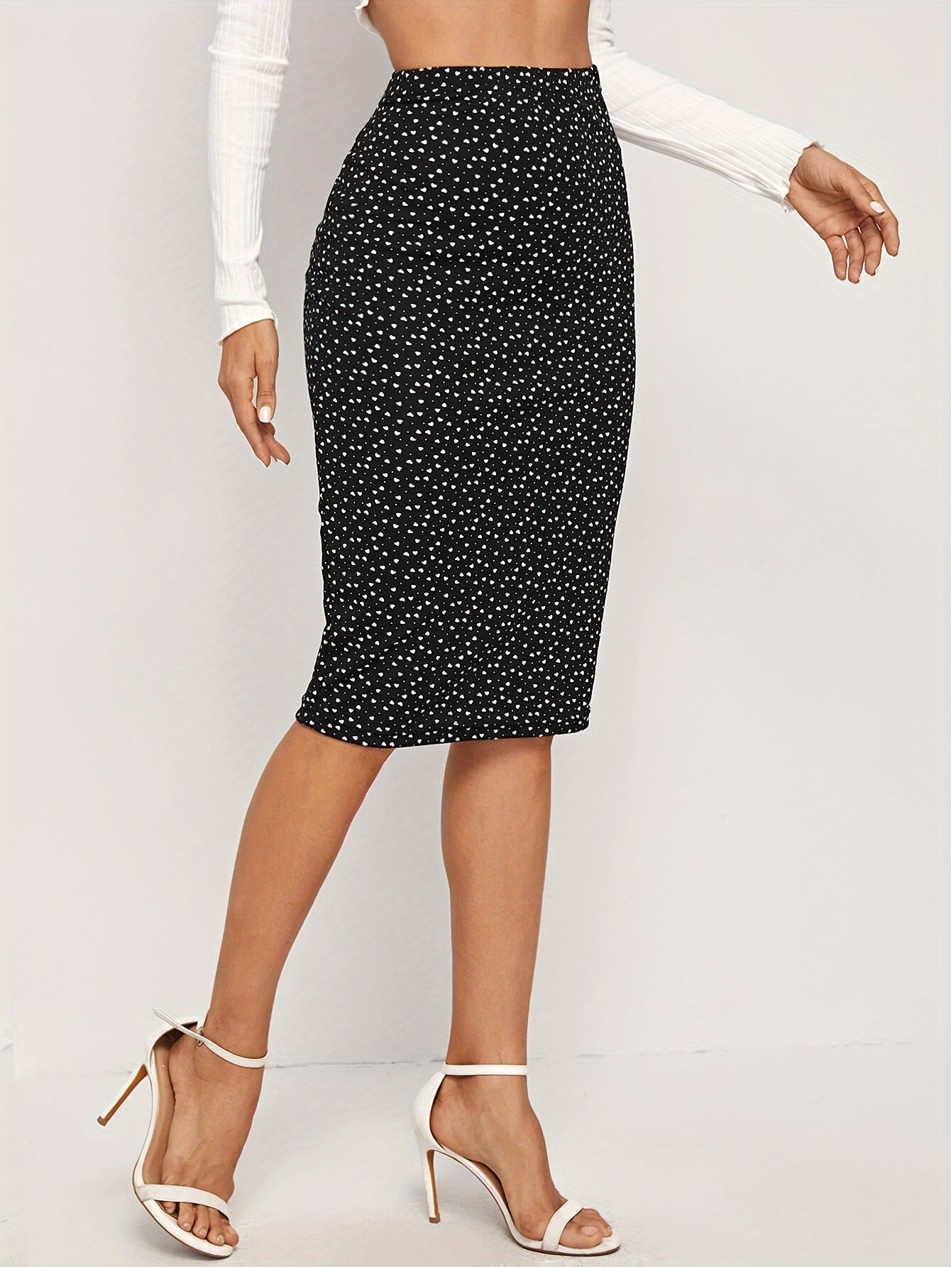 Heart Print Bodycon Skirt, Elegant High Waist Knee Length Skirt For Spring & Summer, Women's Clothing MyFave Boutique