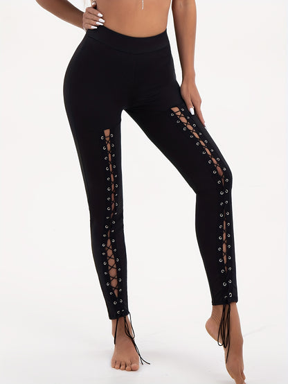 Women's High Waist Criss Cross Lace-Up Hollow Out Yoga Leggings, Street Style, Stretchy Slim-Fit Workout Pants MyFave Boutique