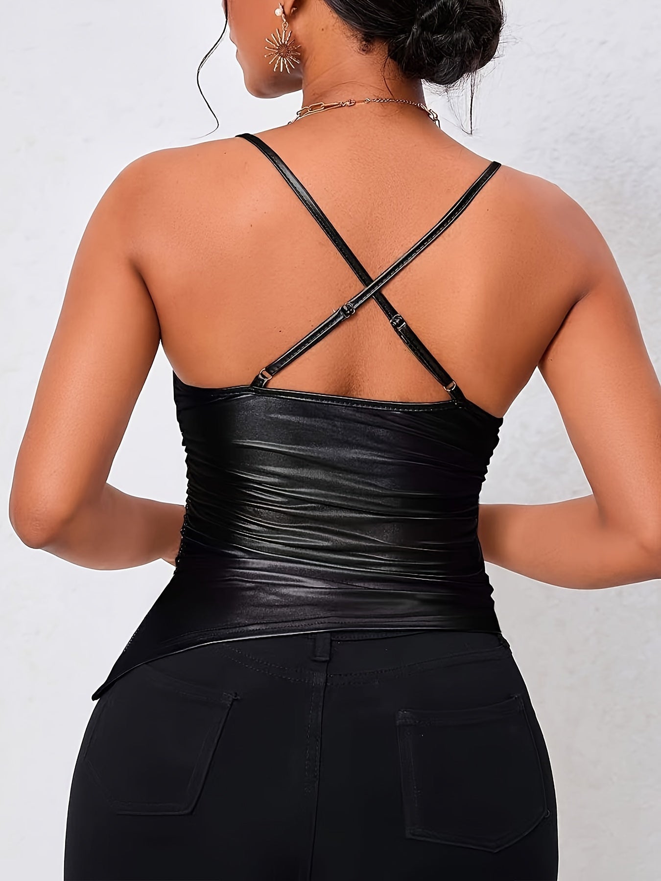 PU Leather Spaghetti Strap Top, Casual Criss Cross Back Ruched Side Camisoles For Spring & Summer, Women's Clothing MyFave Boutique