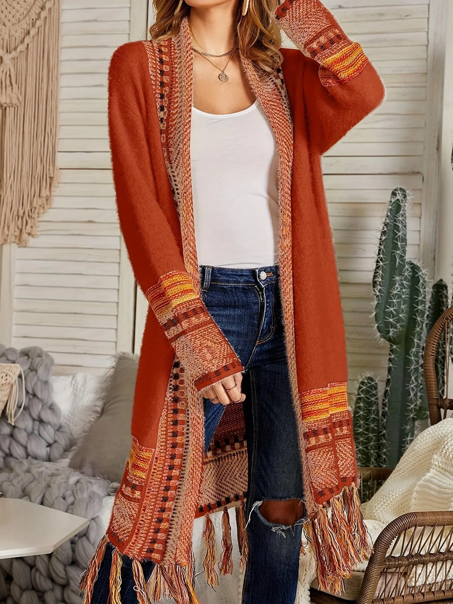 Women's Striped Pattern Fringe Hem Cardigan - Elegant Open Front Long Sleeve Cardigan for Spring & Fall MyFave Boutique