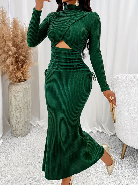 Elegant Women's Mermaid Dress with Cut-Out Detail - Long Sleeve, High Neck, Bodycon Fit for Parties & Banquets MyFave Boutique