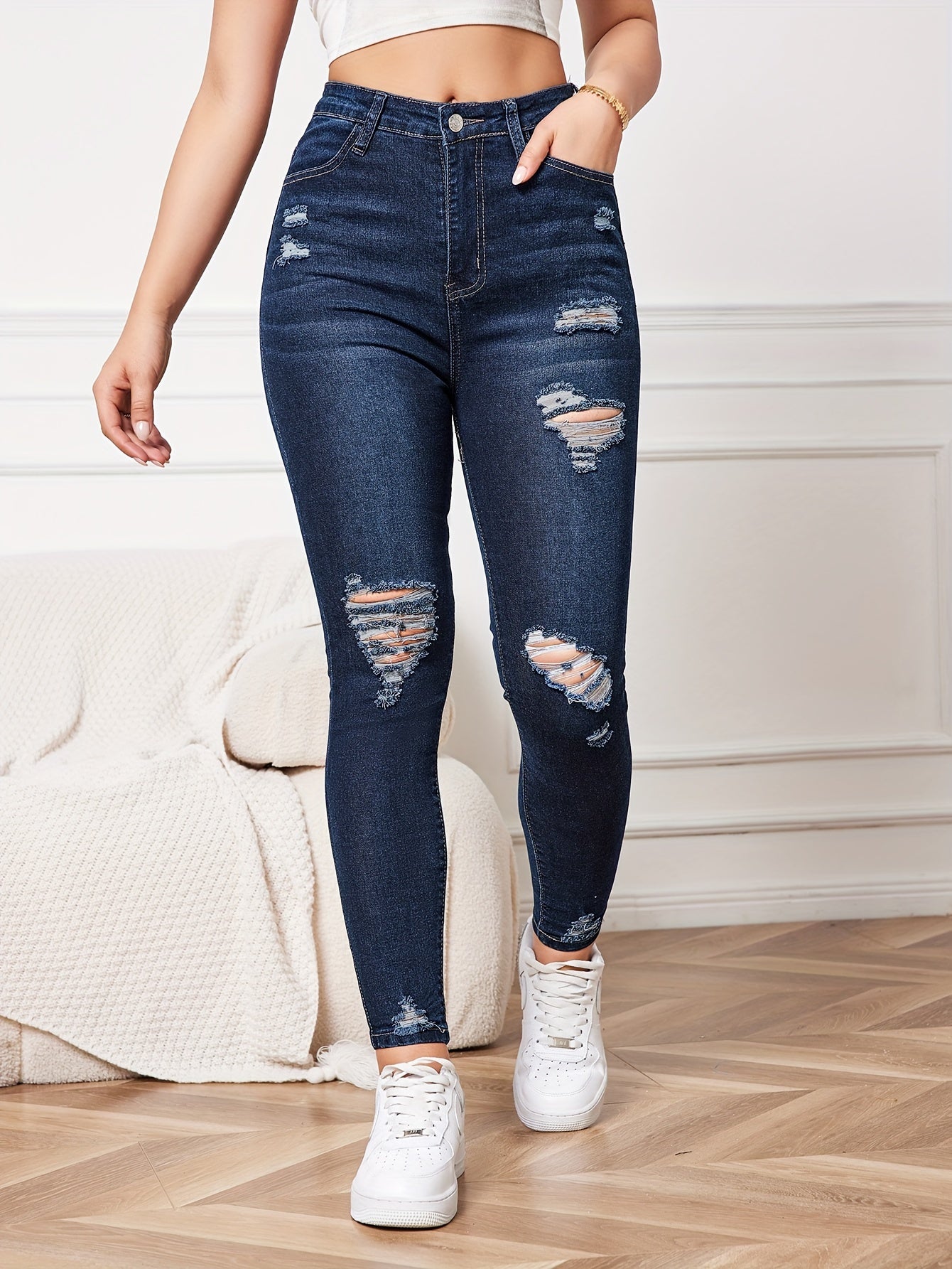 Women's Fashion High-waisted Skinny Jeans, Casual Style, Ripped Denim, Stretch Fit, Daily Wear, Elegant Blue Pants MyFave Boutique