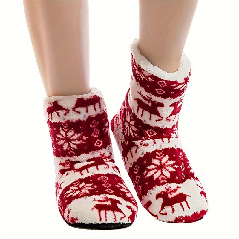 Christmas Style Plush Slipper Boots, Winter Cozy & Warm Slip On Flat Shoes, Thermal Home Floor Sock Slippers MyFave Boutique