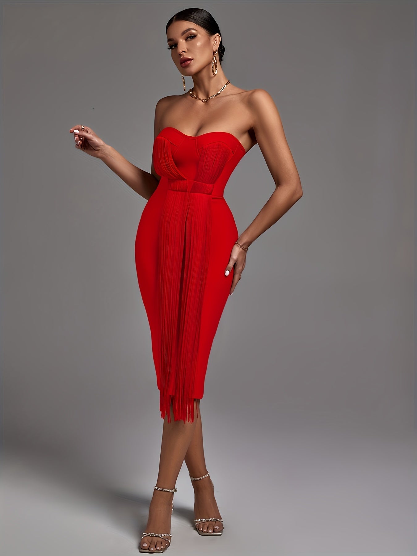 Tassel Backless Bodycon Tube Dress, Elegant Sleeveless Strapless Dress For Party & Banquet, Women's Clothing MyFave Boutique