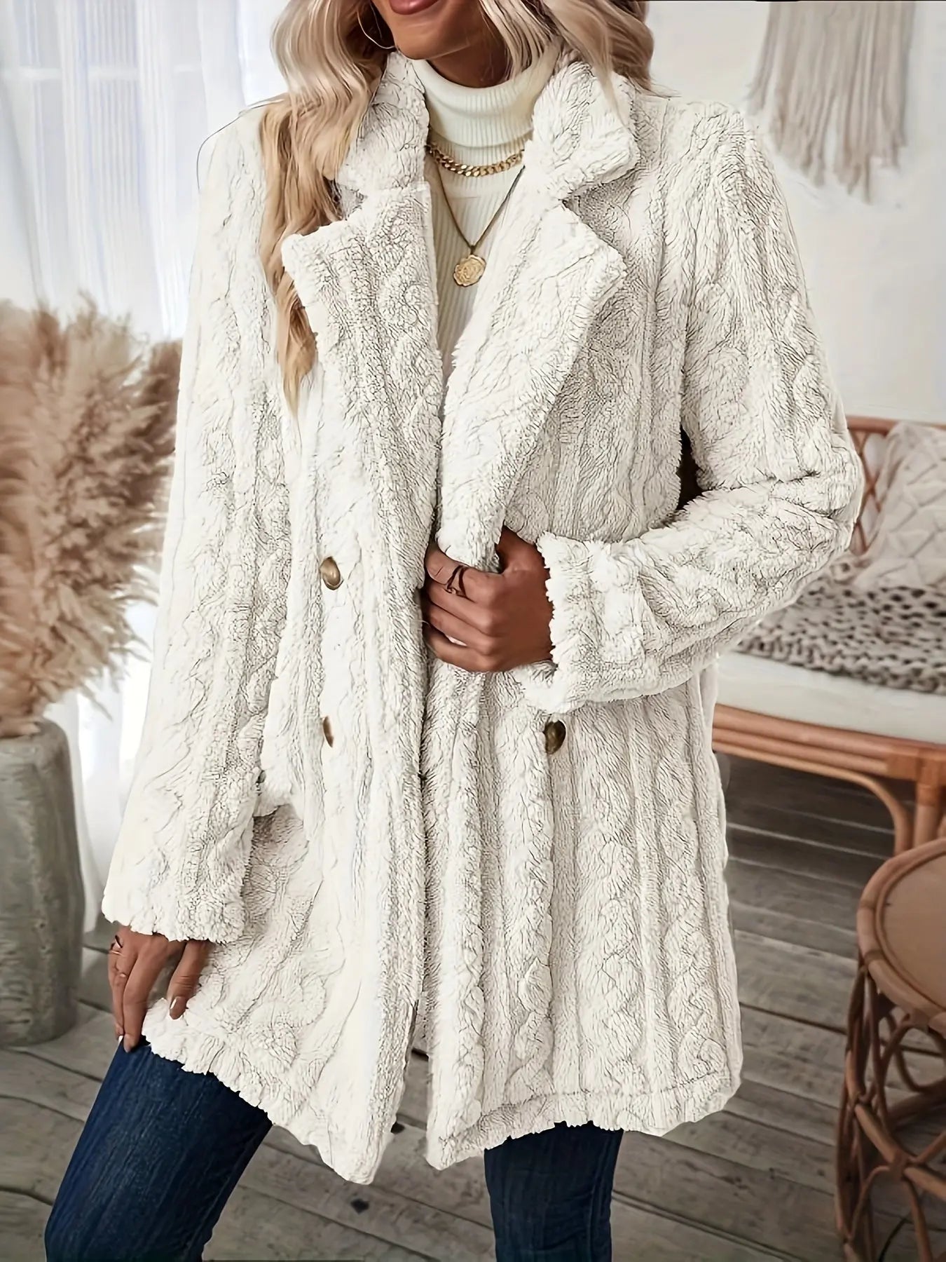 Double-Breasted Teddy Coat with Textured Sleeves, Women's Long Sleeve Winter Outwear MyFave Boutique