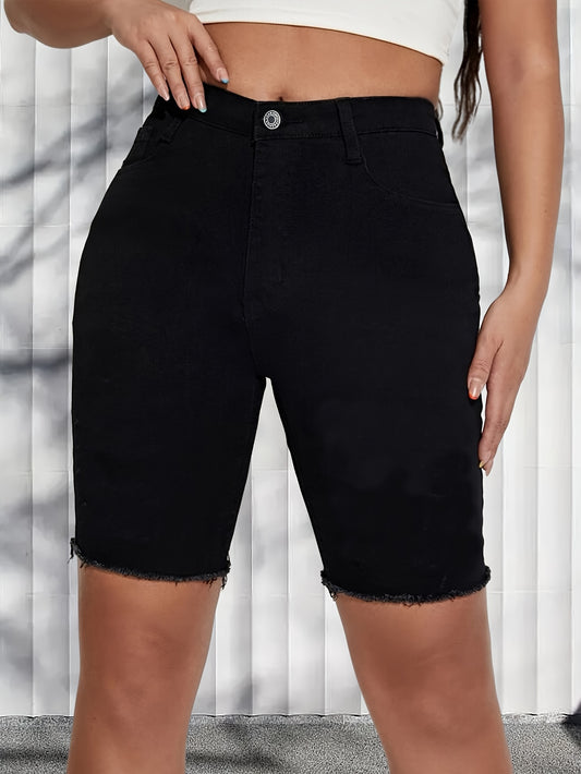 Plain Black Color Raw Hem Stretchy Basic Bermuda Denim Shorts, Women's Denim Jeans & Clothing MyFave Boutique