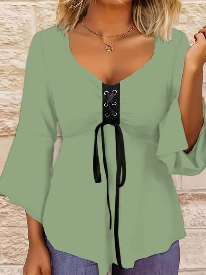 Plus Sized Crisscross Lace Up T-shirt, Elegant Bell Sleeve Ruffle Hem Top For Spring & Fall, Women's Plus Size Clothing MyFave Boutique