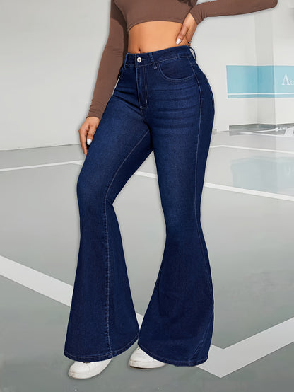 Stylish Whiskering Flare Leg Denim Pants - Soft Washed Blue, Casual Style, Zipper Button Closure, Comfortable Fit - Women's Fashion Jeans & Clothing for Everyday Wear MyFave Boutique