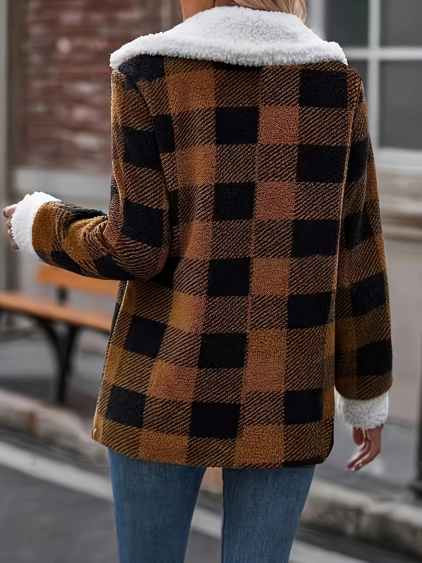 Plaid Pattern Zipper Collared Coat, Stylish Color Block Long Sleeve Coat For Fall & Winter, Women's Clothing MyFave Boutique