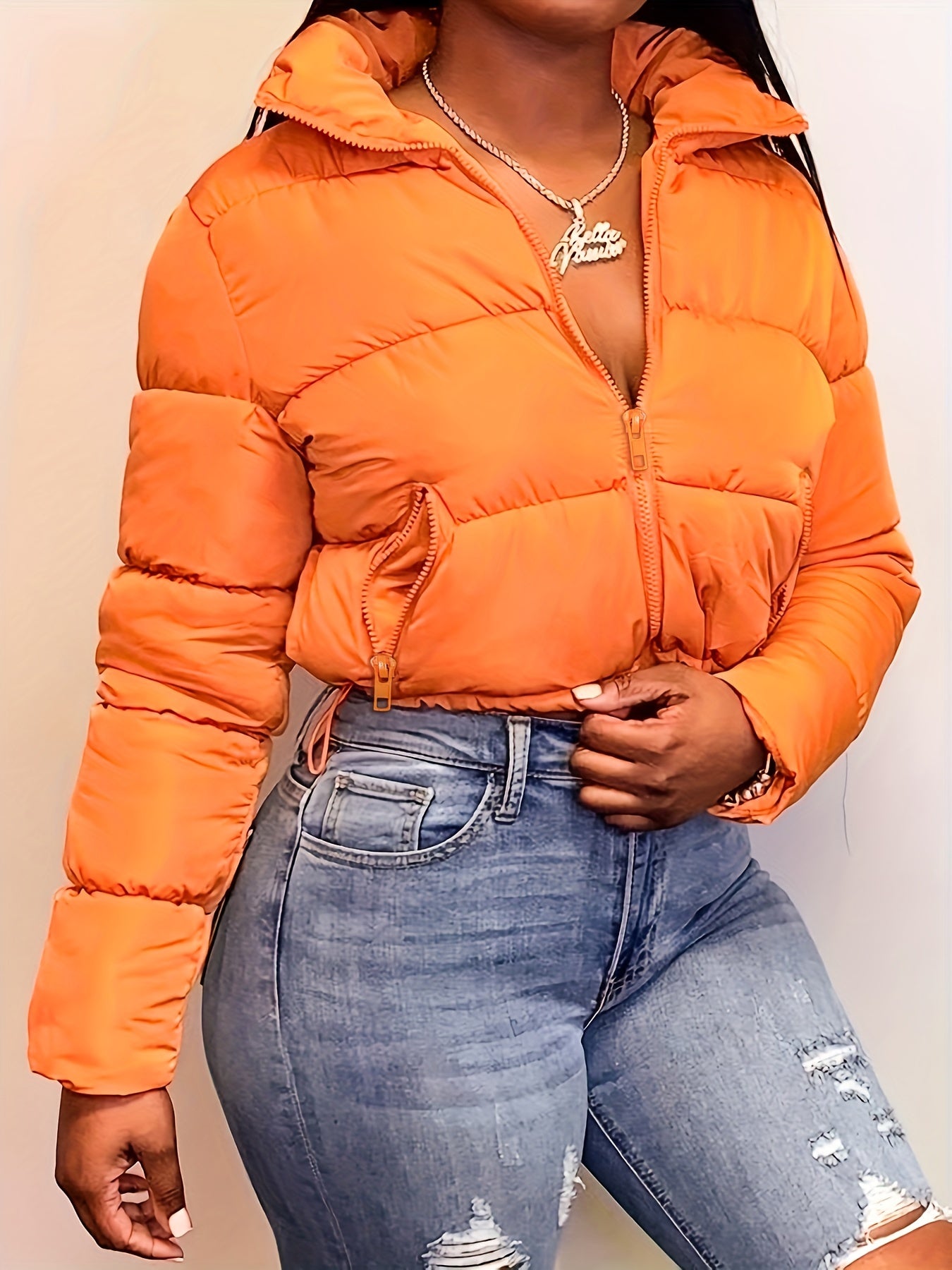 Women's Long Sleeve Puffer Jacket With Zipper, Casual Warm Quilted Coat For Fall/Winter, Fashion Orange Outwear, Thermal Wear MyFave Boutique