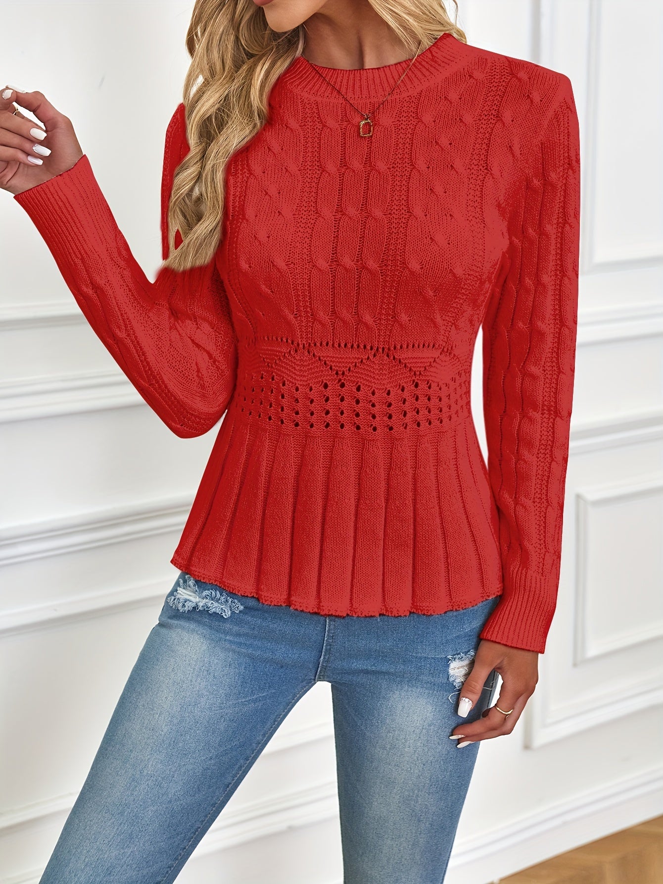 Women's Solid Cable Knit Crew Neck Sweater - Warm and Stylish for Fall and Winter MyFave Boutique