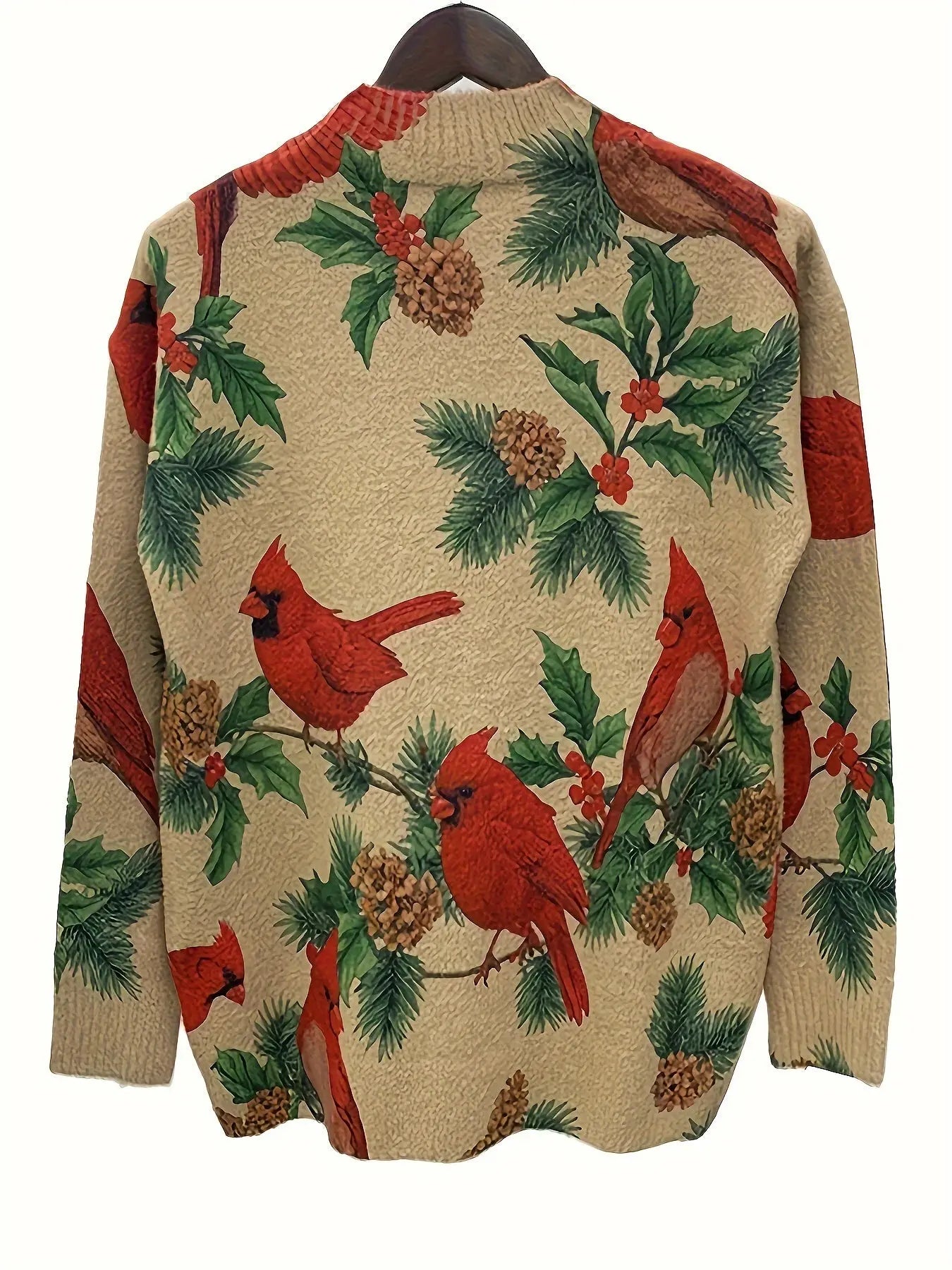 Birds & Plant Print Crew Neck Pullover Sweater, Elegant Long Sleeve Knitted Sweater For Fall & Winter, Women's Clothing MyFave Boutique