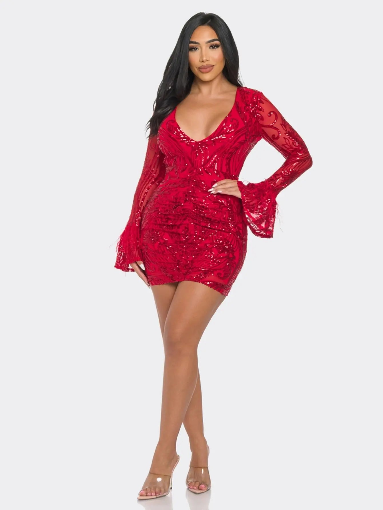 Elegant Long-Sleeve Sequin Mini Dress with Feather Trim Perfect for Glamorous Events MyFave Boutique