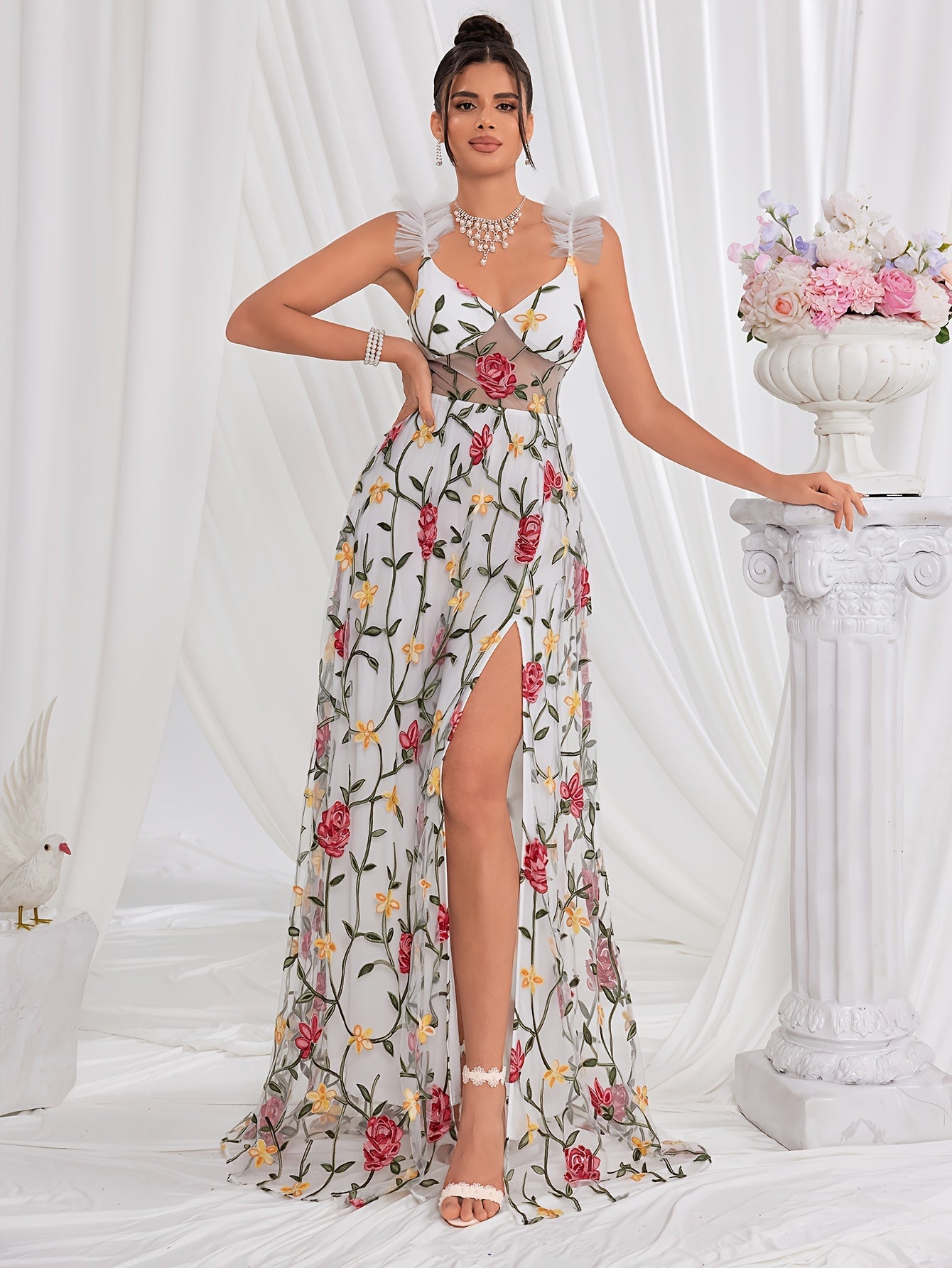 Floral Embroidered Mesh Trim V-neck Dress, Elegant Sleeveless Court Train Maxi Dress For Spring & Summer, Women's Clothing MyFave Boutique