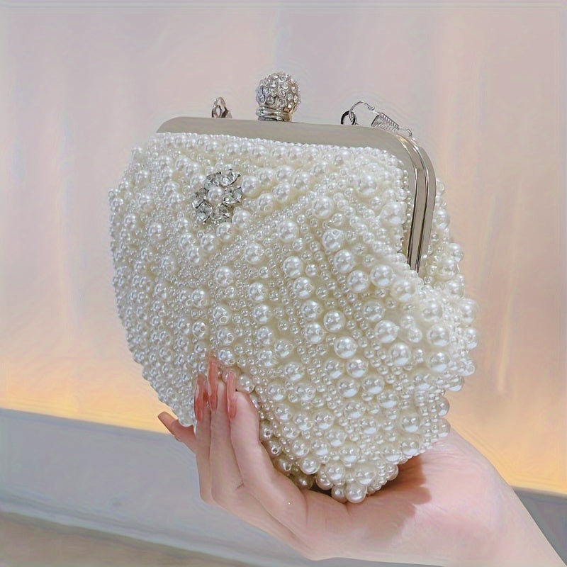 Women Faux Pearl Decor Small Clutch Purse - Beaded Bridal Evening Bag Formal Shell Shape Handbag MyFave Boutique