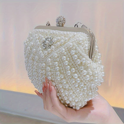 Women Faux Pearl Decor Small Clutch Purse - Beaded Bridal Evening Bag Formal Shell Shape Handbag MyFave Boutique