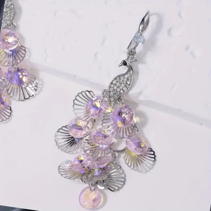 Elegant Peacock Crystal Drop Earrings with Silvery HollowLeaf Tassels - Gorqeous Rhinestone Accents, Suitable for daily and party wear MyFave Boutique