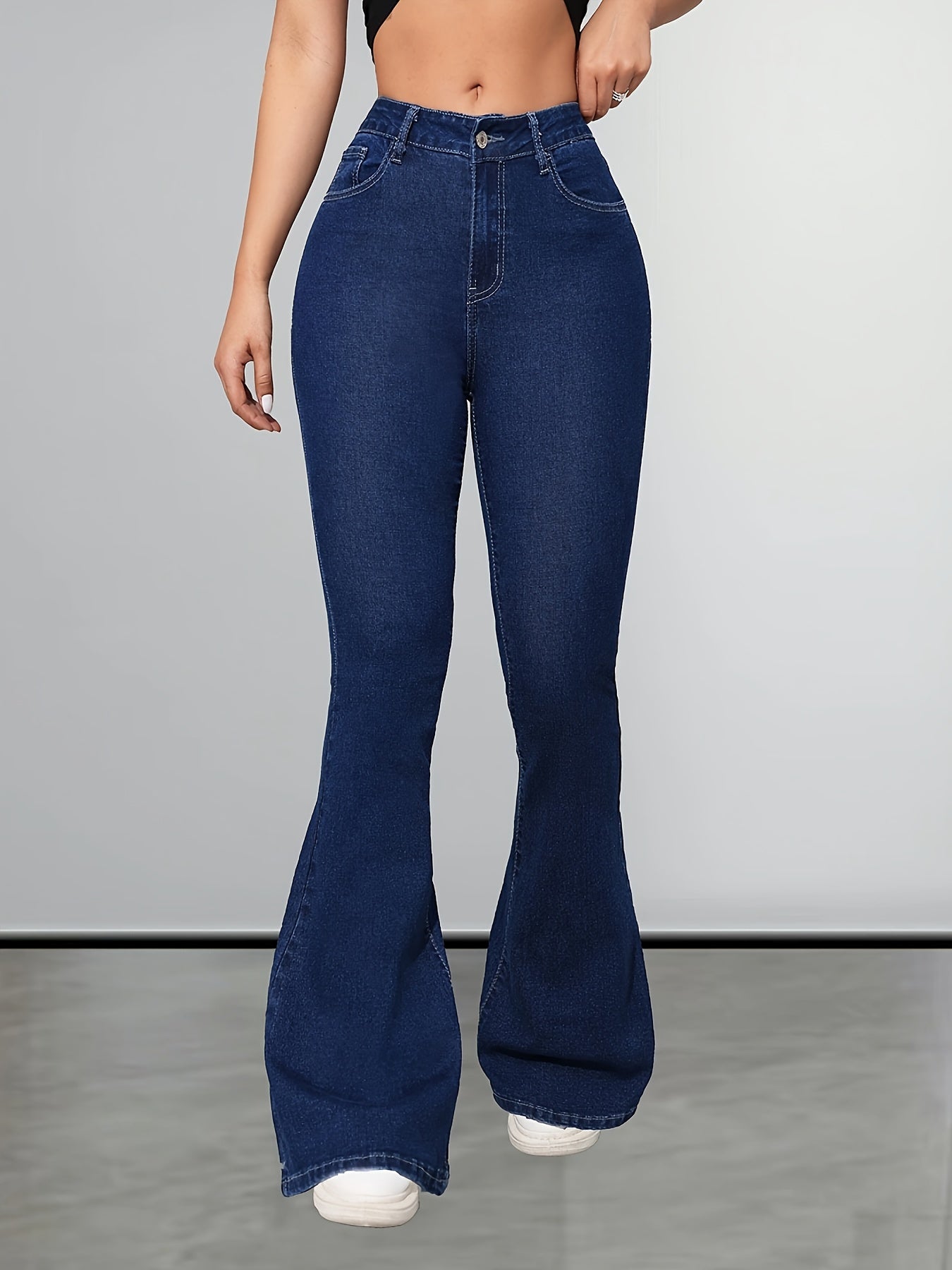 Women's High Waist Flare Jeans - Casual Stretch Denim Bell Bottom Pants with Button Fly, Solid Color, Long Length, All-Season Comfort - 70% Cotton, 27.6% Polyester, 2.4% Spandex MyFave Boutique