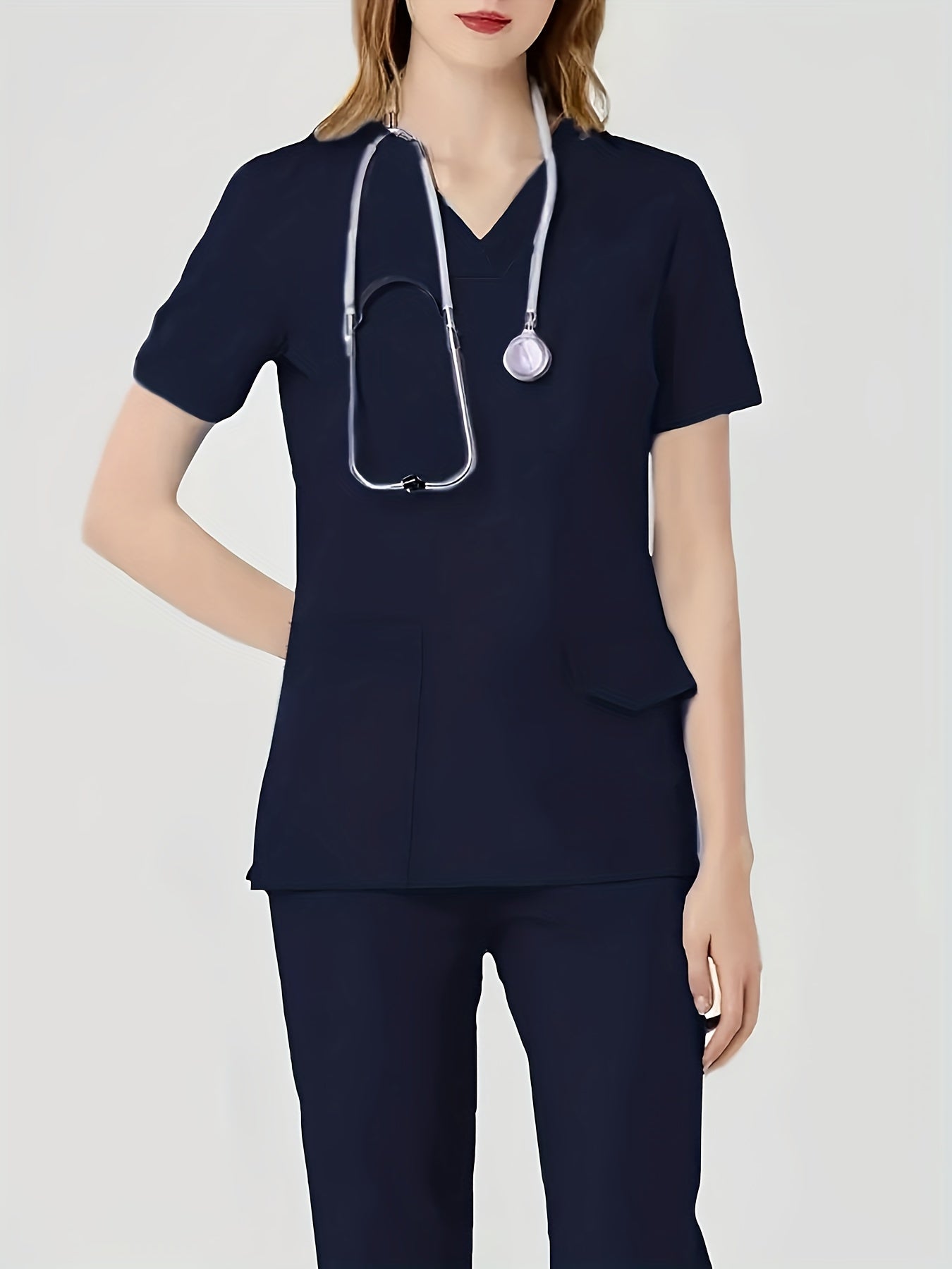 Comfortable & Functional Matching Two-piece Set, Pockets V-neck Top & Solid Pants Health Care Uniform, Women's Clothing MyFave Boutique