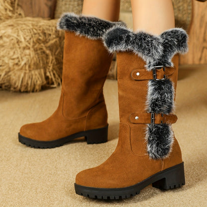 Women's Furry Plush Lined Mid Calf Boots, Winter Warm Buckle Strap Snow Boots, Thermal Chunky Heeled Boots MyFave Boutique