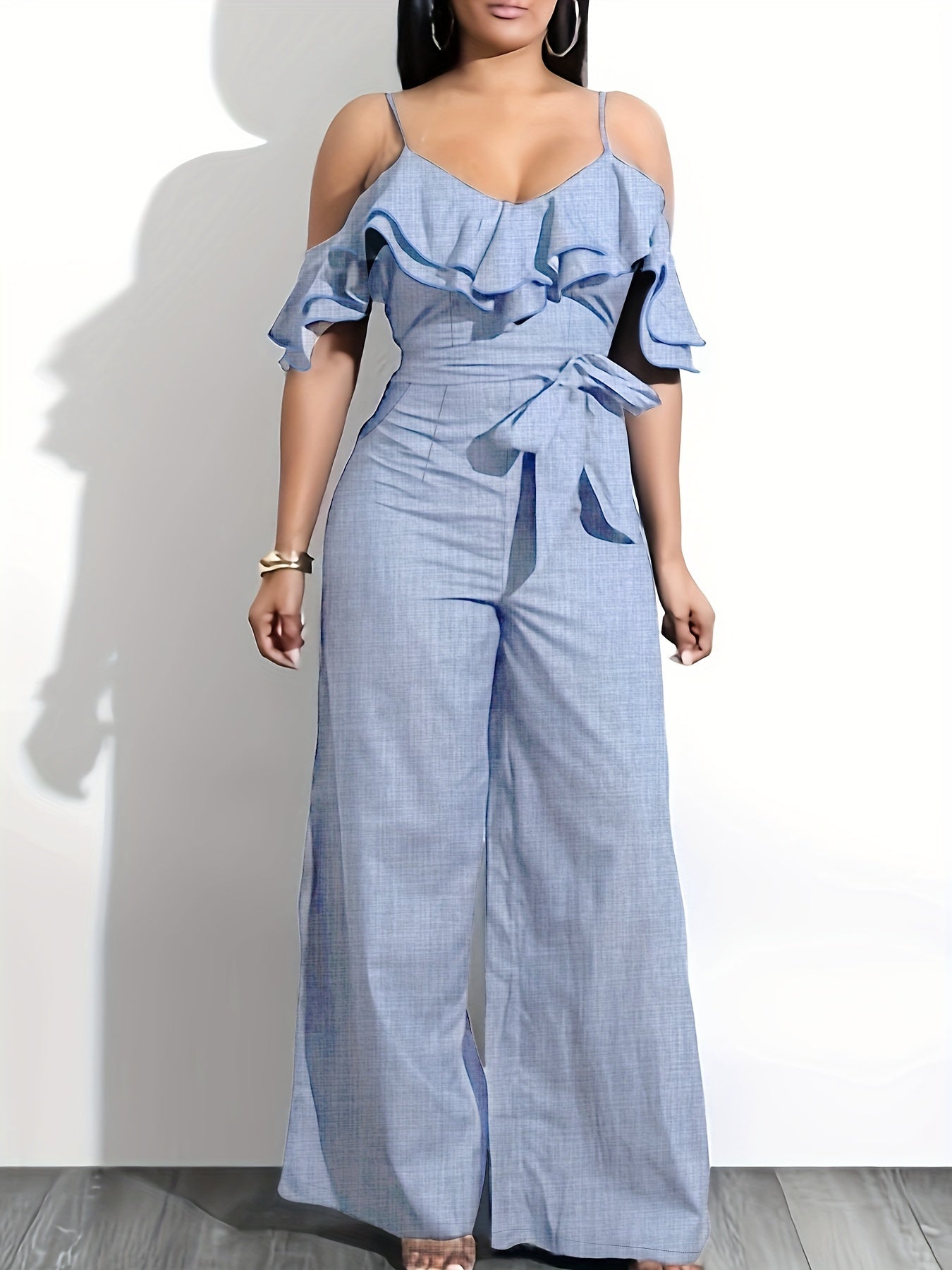 Layered Ruffle Cold Shoulder Jumpsuit, Casual Tie Front Wide Leg Jumpsuit For Spring & Summer, Women's Clothing MyFave Boutique