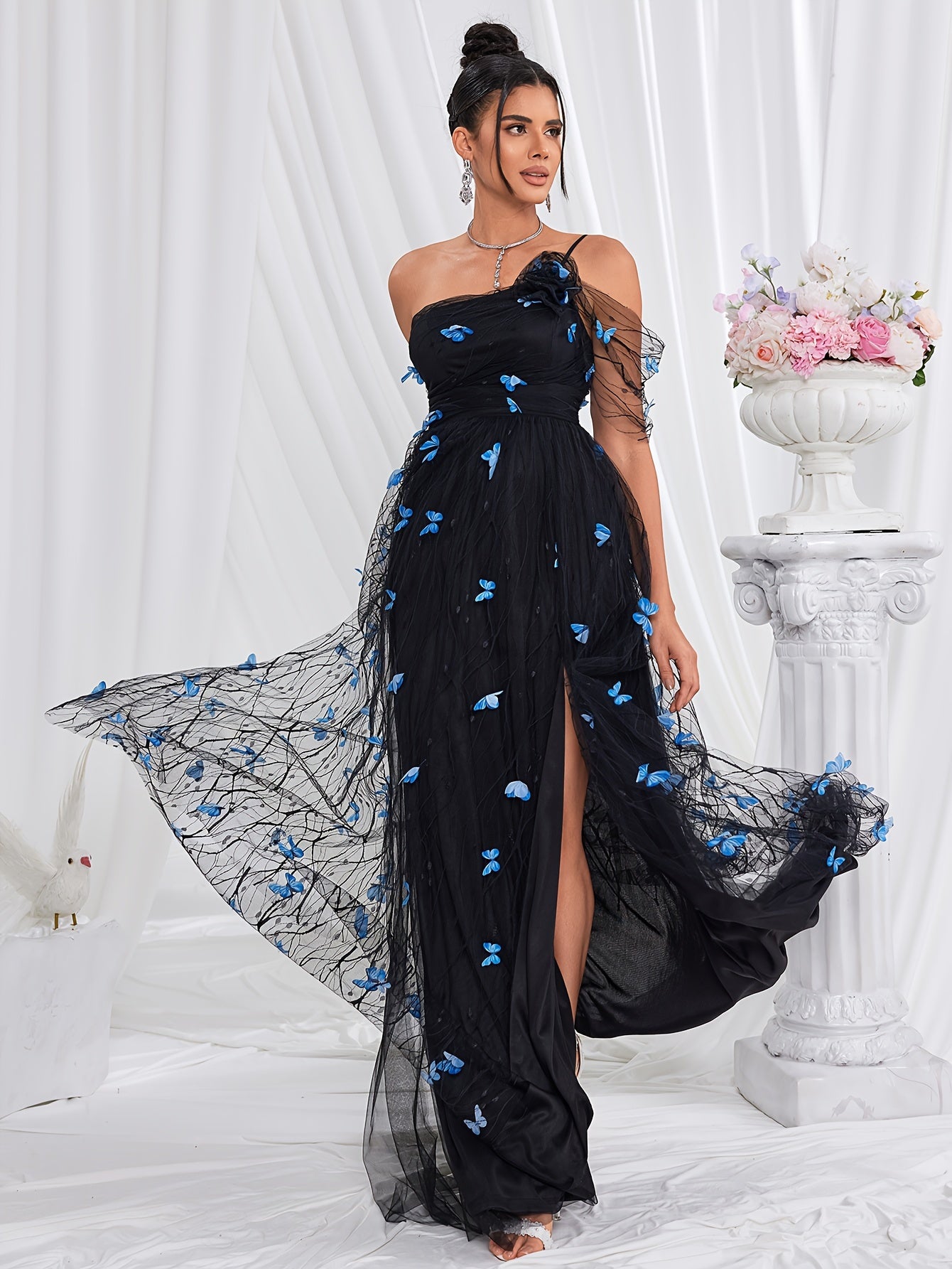 Butterfly Applique One Shoulder Dress, Elegant Split Thigh Floor Length Evening Dress For Party & Banquet, Women's Clothing MyFave Boutique