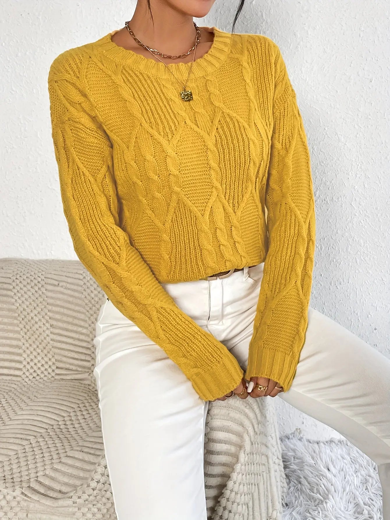 Solid Crew Neck Cable Knit Sweater, Casual Long Sleeve Drop Shoulder Sweater, Women's Clothing MyFave Boutique