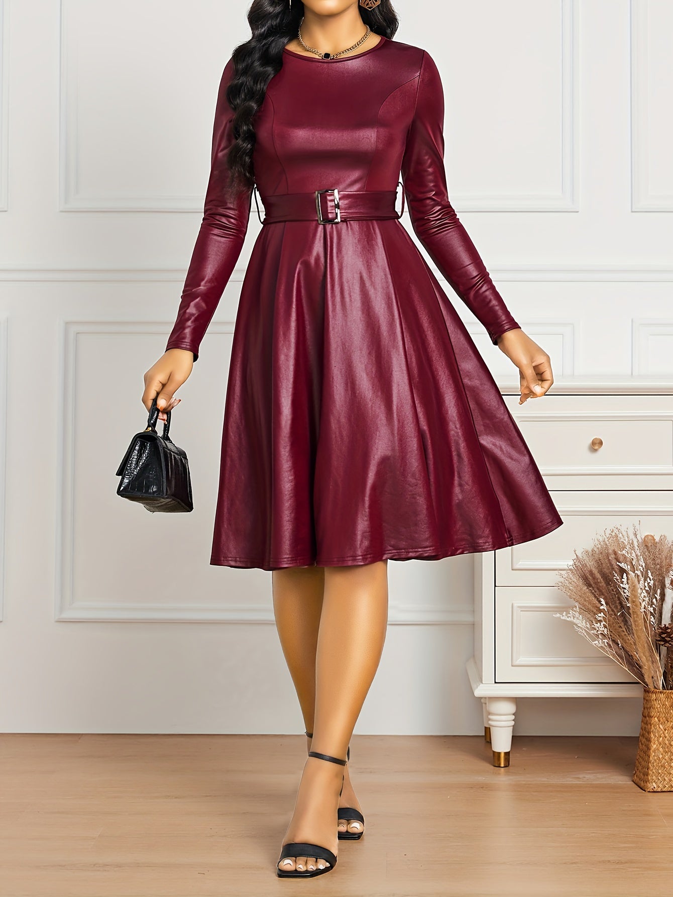 Women's Casual Long Sleeve Dress with Belted Waist and PU Leather Detailing MyFave Boutique