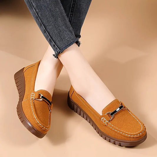 Women's Buckle Decor Loafers, Solid Color Soft Sole Slip On Flat Shoes, All-Match Suedette Flats MyFave Boutique