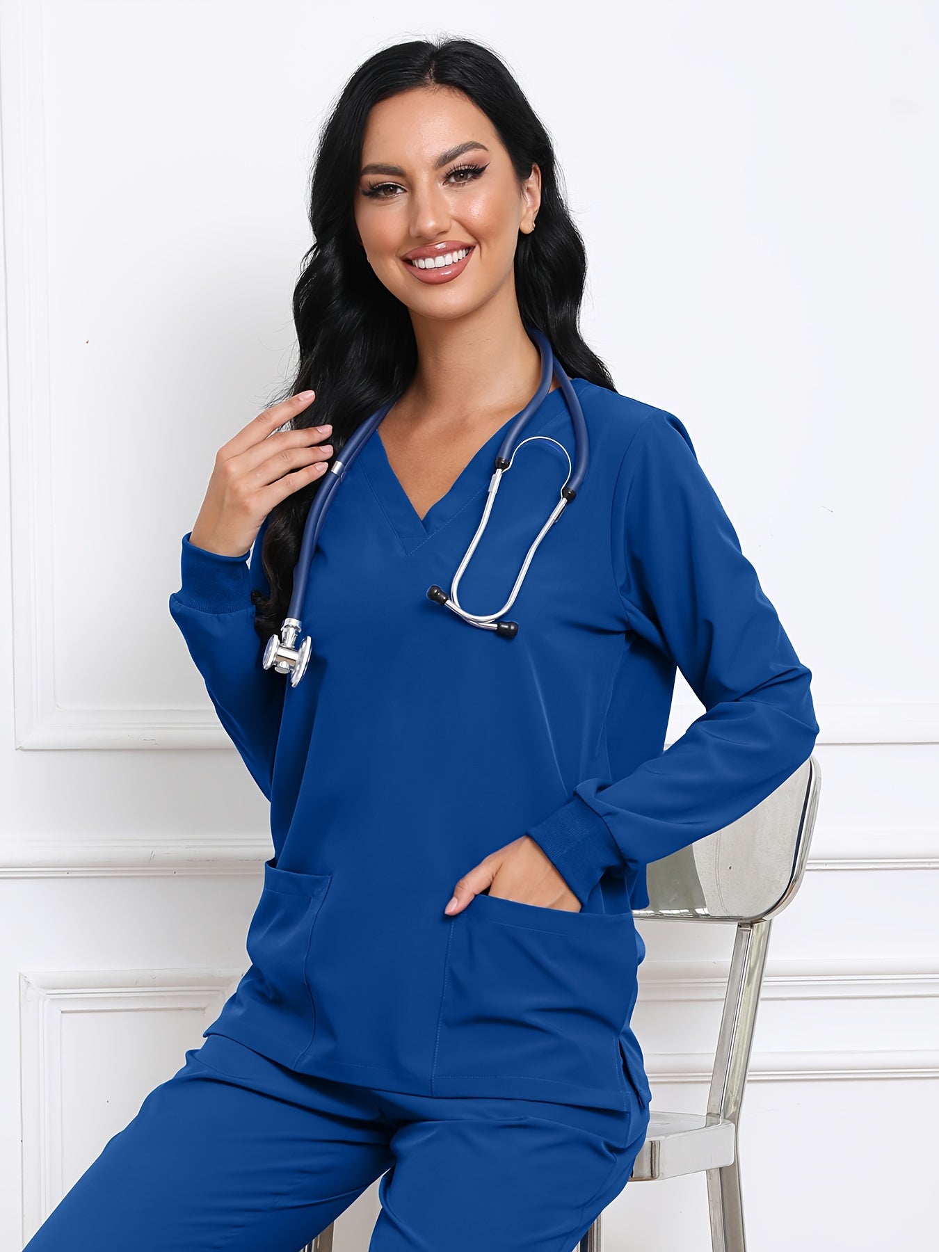 Simple Long Sleeve Scrubs Top, V Neck Functional Patched Pockets Health Care Uniform, Women's Clothing MyFave Boutique