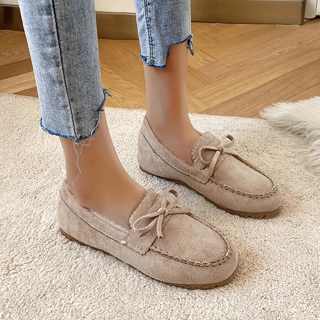 Women's Bowknot Decor Flat Loafers, Casual Slip On Plush Lined Winter Shoes, Women's Comfortable Shoes MyFave Boutique