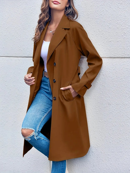 Double Breasted Trench Coat with Lapel Neck and Split Side Pockets - Women's Casual Long Sleeve Long Length Coat MyFave Boutique