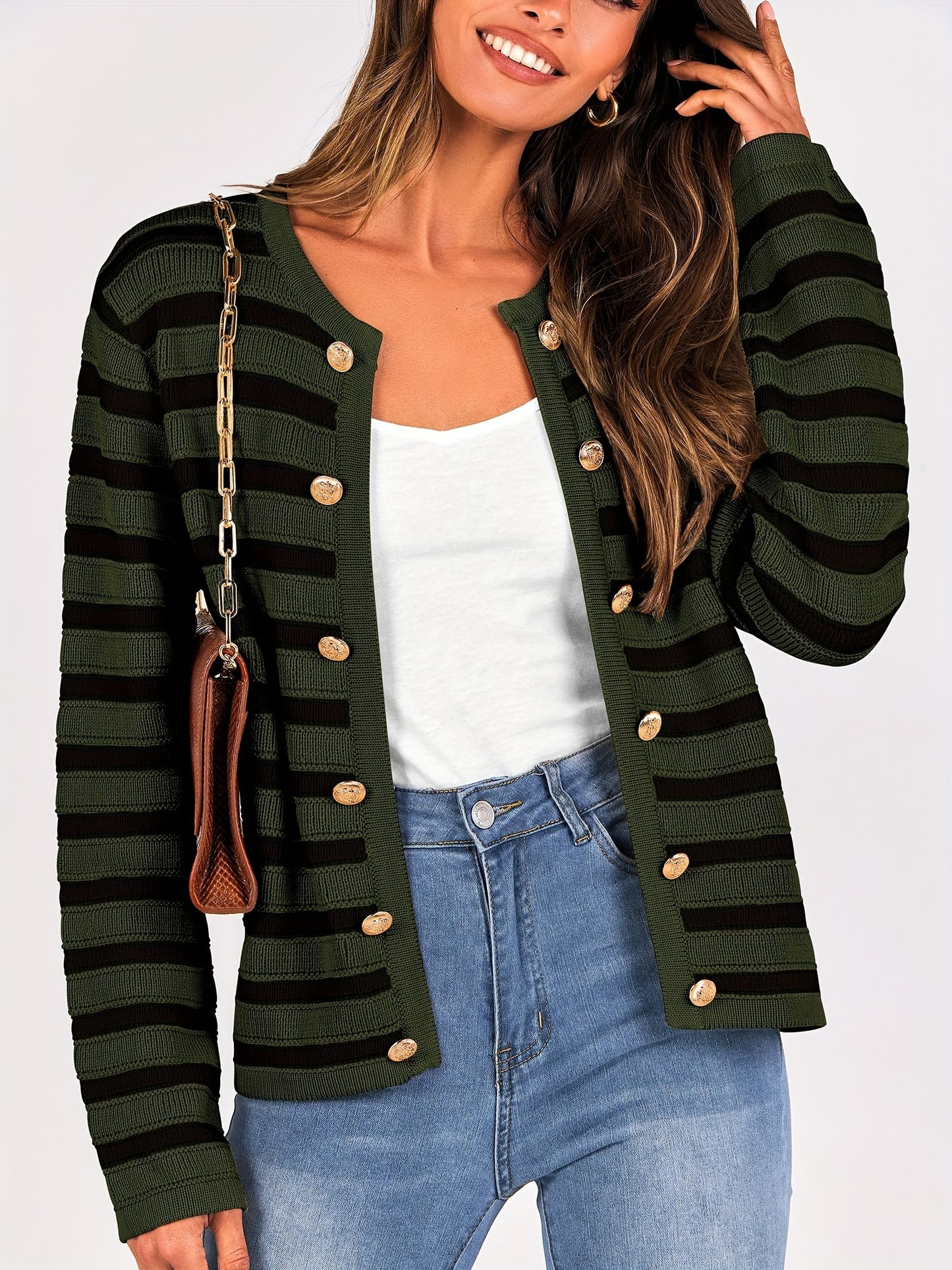 Striped Button Front Knit Cardigan, Elegant Crew Neck Long Sleeve Cardigan For Spring & Fall, Women's Clothing MyFave Boutique