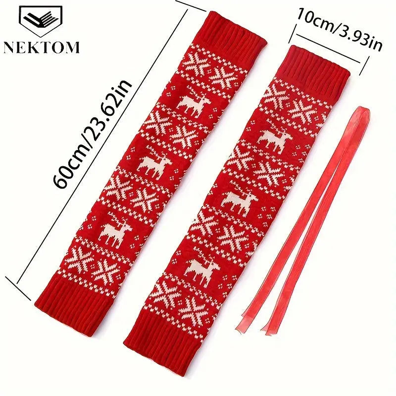 NEKTOM Festive Red Snowflake and Reindeer Knee High Socks with Ribbon Closure - Perfect for Christmas MyFave Boutique