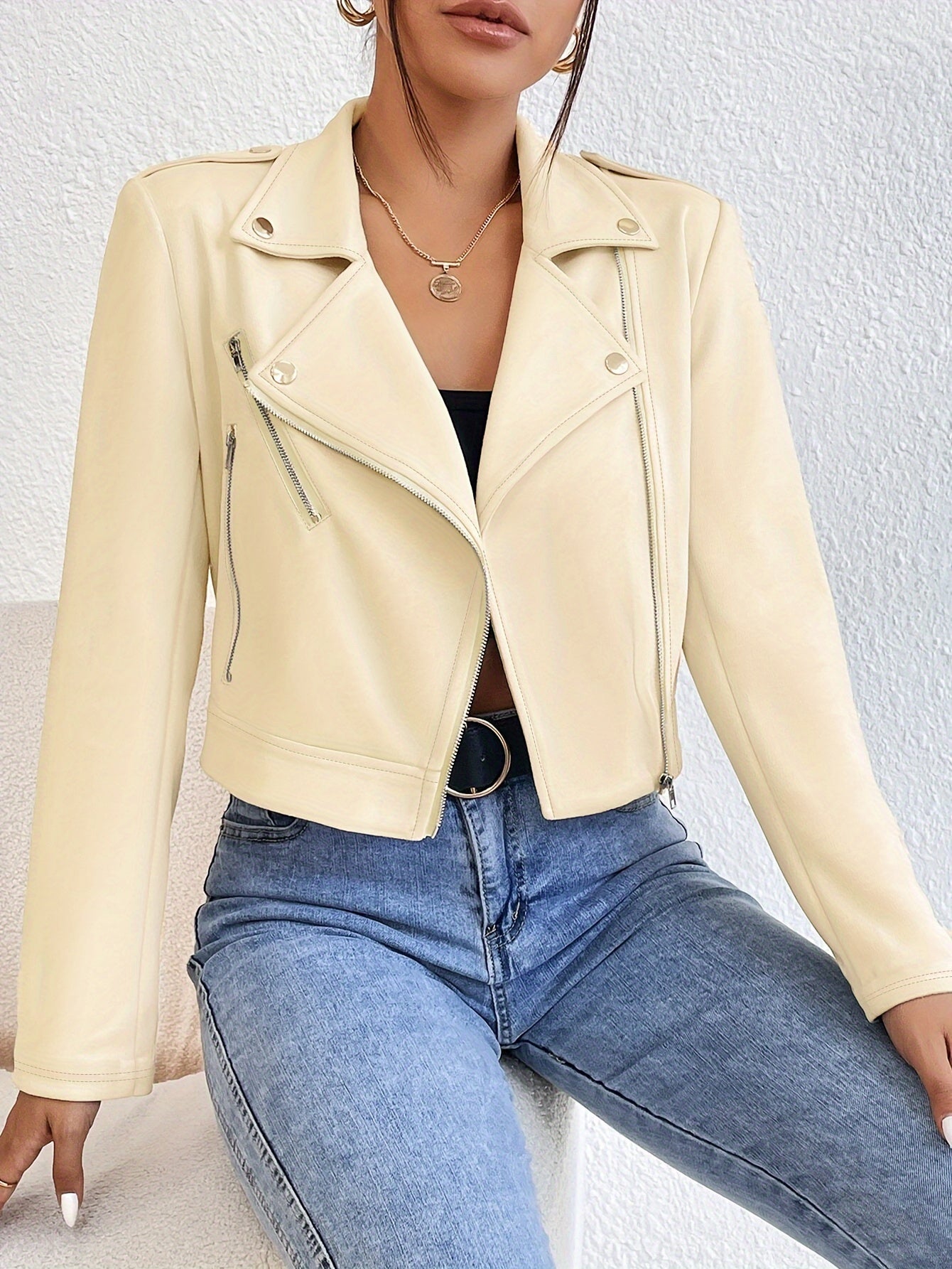 Chic Faux Leather Jacket for Women - Long Sleeve, Lapel Collar, Zip-Up, Casual Fall/Winter Outerwear MyFave Boutique