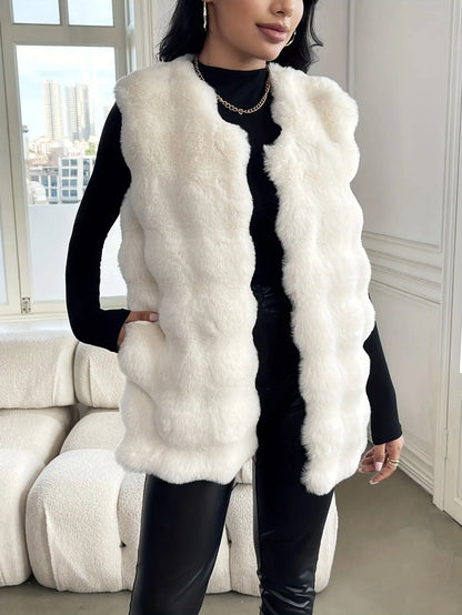 Faux Fur Open Front Fuzzy Coat, Elegant Sleeveless Warm Outerwear For Fall & Winter, Women's Clothing MyFave Boutique