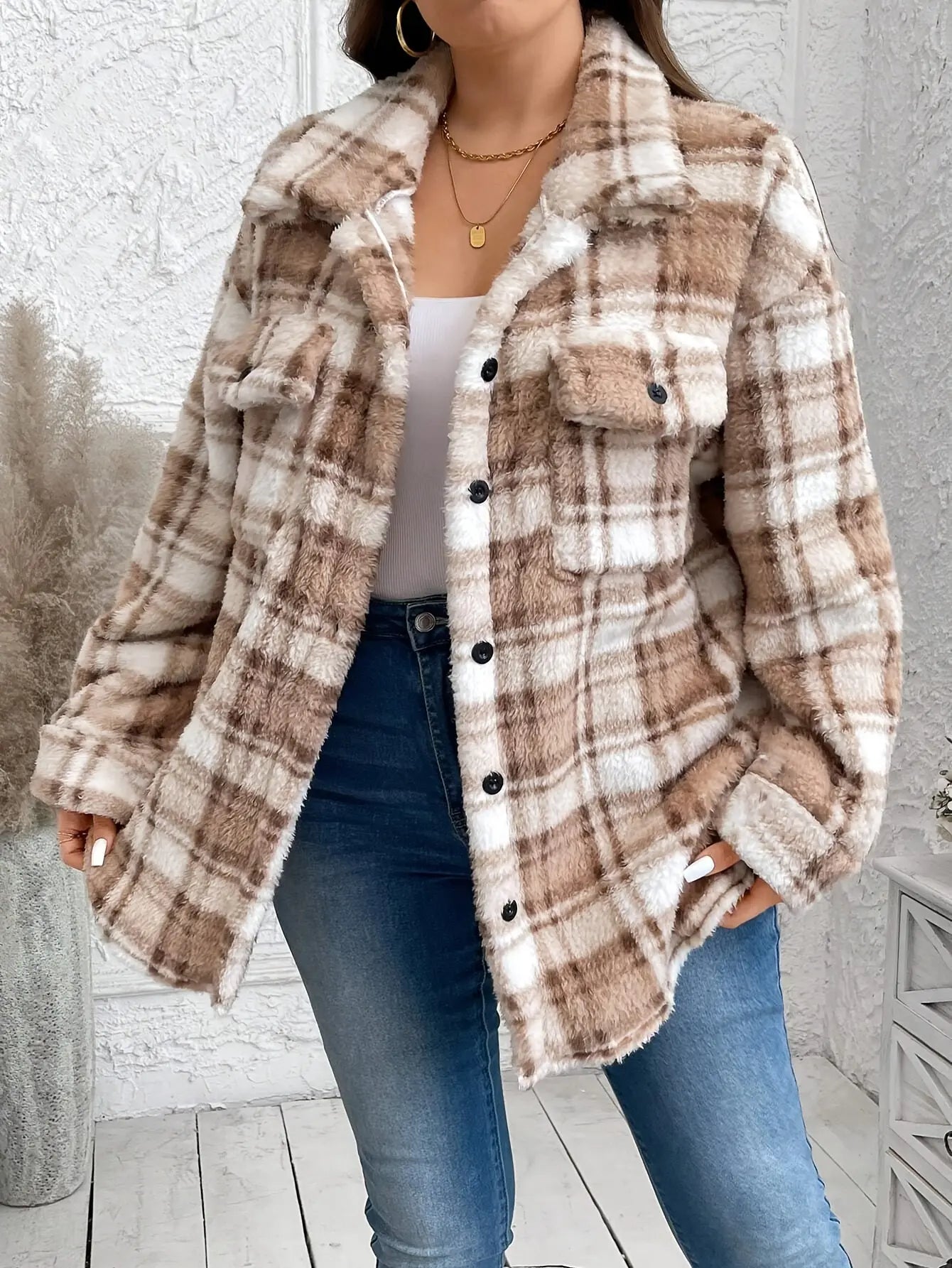 Elegant Women's Plaid Fleece-Lined Jacket - Casual Shirt Style with Pockets, Machine Washable - Perfect for Fall/Winter MyFave Boutique