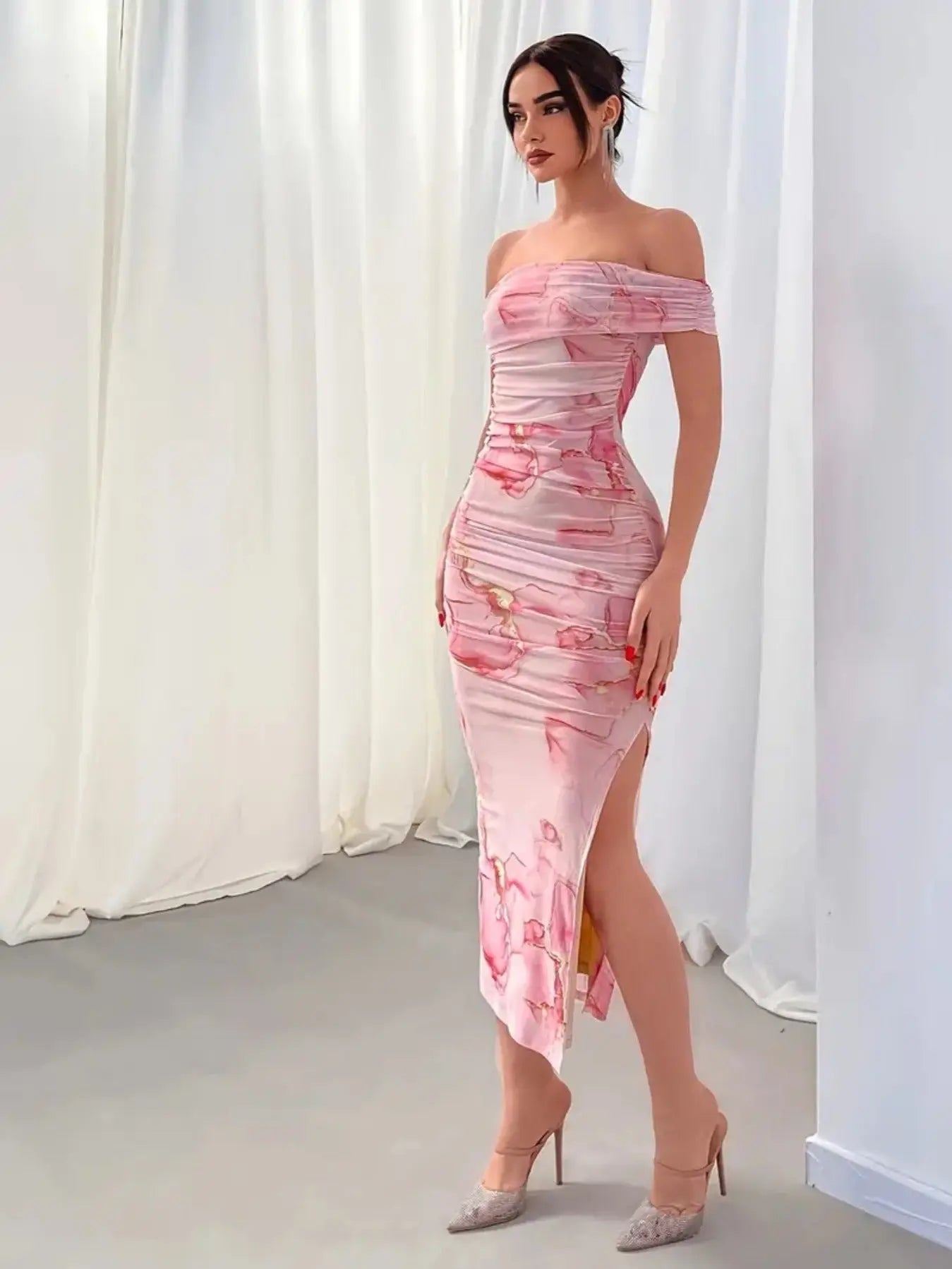 Marble Print Off Shoulder Bodycon Dress, Elegant Ruched Split Midi Dress, Women's Clothing For Party Dressing MyFave Boutique