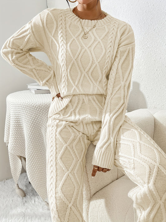 two-piece Women's Cable Knit Sweater Set - Cozy Crew Neck Long Sleeve Top and Long Pants Outfit for Comfortable Winter Wear MyFave Boutique