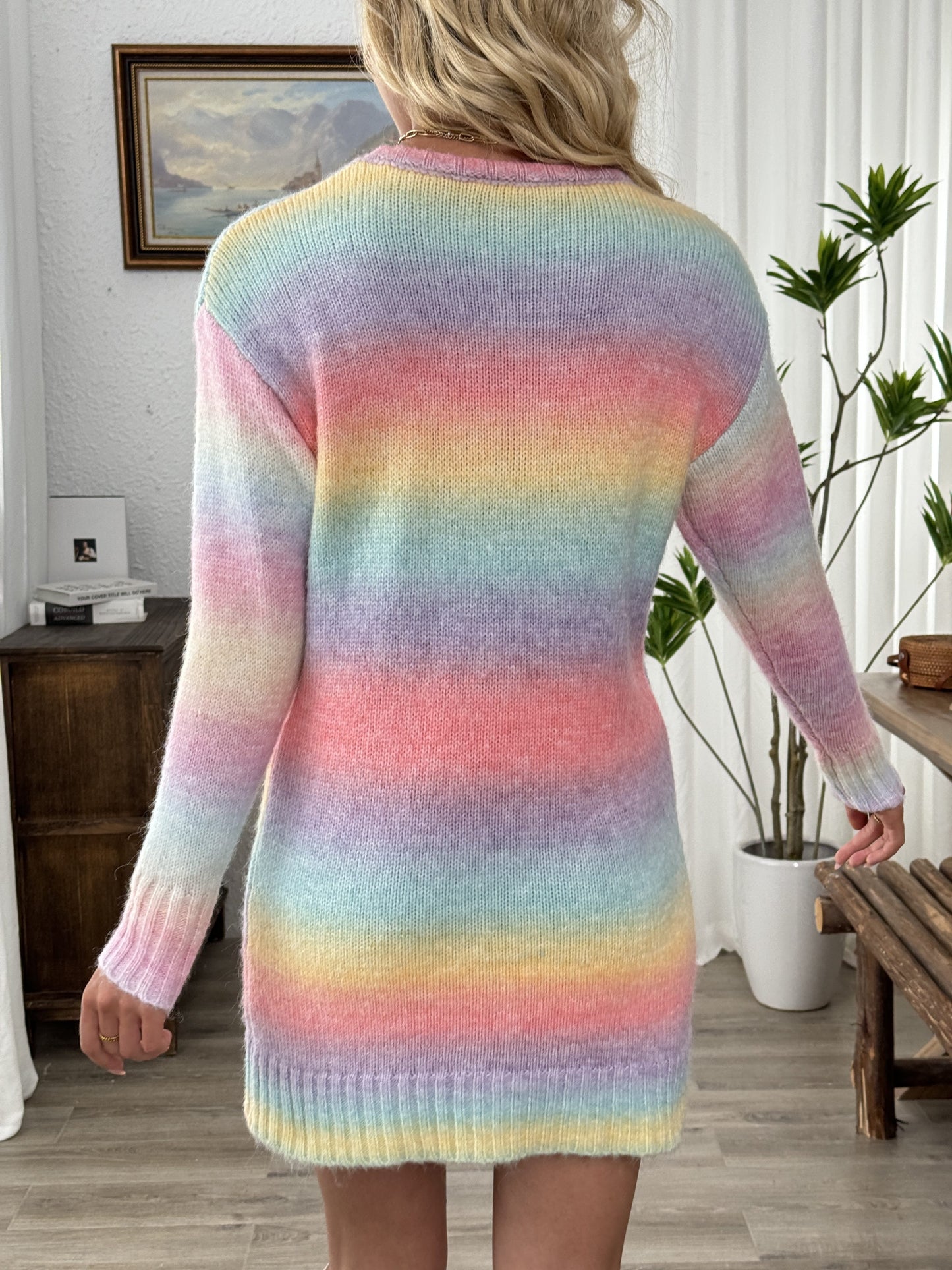 Rainbow Color Crew Neck Knitted Dress, Casual Long Sleeve Dress For Fall & Winter, Women's Clothing MyFave Boutique