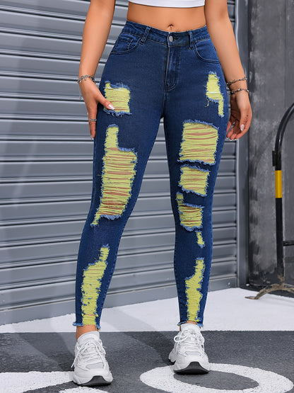 Stretchy Ripped Distressed Skinny Fit Denim Jeans - Mid-Rise Waist, Elastic Fabric, Faded Wash, Trendy Ripped Knee Details - Fashionable and Comfortable Pants for Casual Wear MyFave Boutique