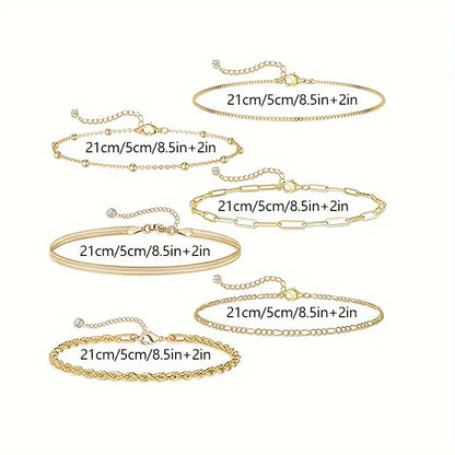 Waterproof Anklet Set - 14K Gold Plated - Pack of 6 - Layered Cuban Chain Herringbone Design - Ideal for Summer Beach - Jewelry Gift for Women, Teen Girls MyFave Boutique